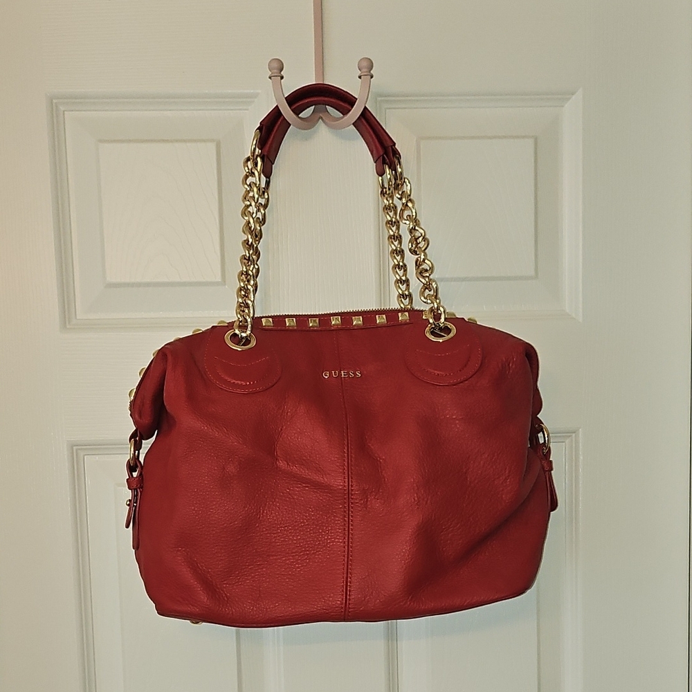 Guess Red Leather Shoulder Bag with Gold Chain